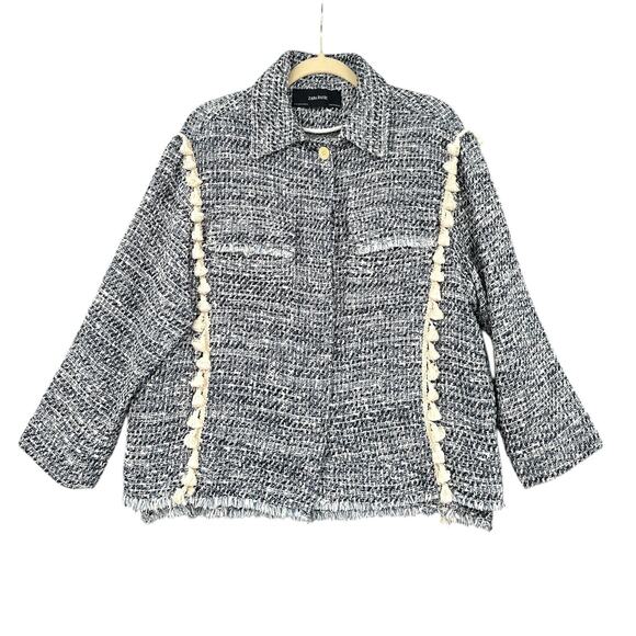 Zara Basic Boucle Blue White Tassel Patch Pockets Button Up Tweed Jacket Size‎ M - Picture 1 of 8